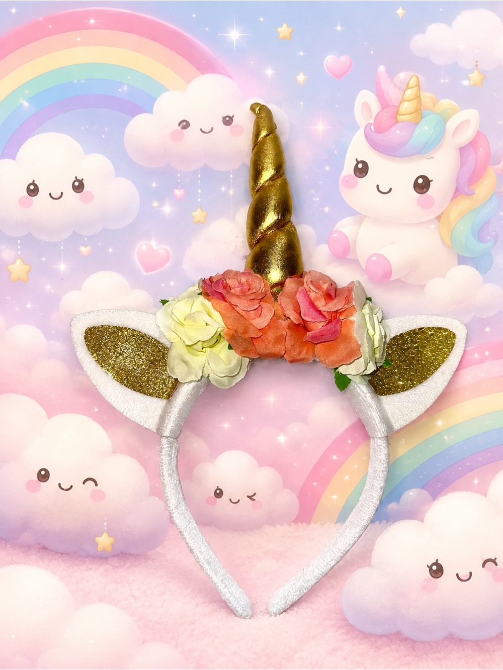 Unicorn Floral Headband Gold Horn Glitter Ears